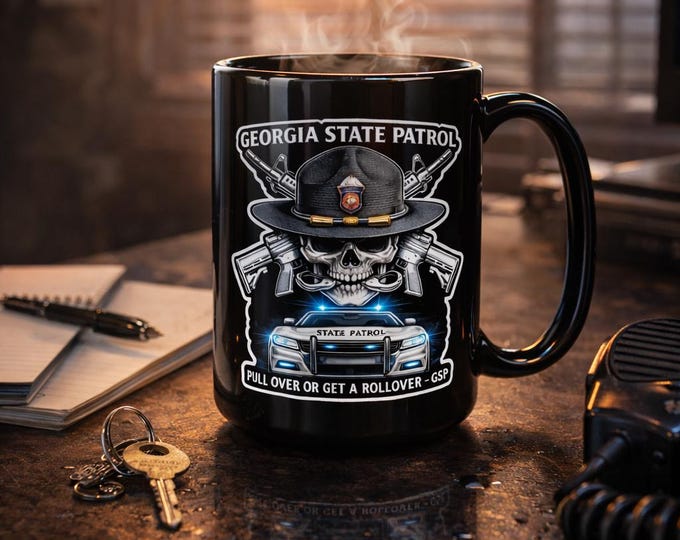 GSP Trooper Skull Cruiser Mug | Black Glossy Coffee Mug 11oz or 15oz | Patrol-Themed Gift | Funny “Pull Over” Mug