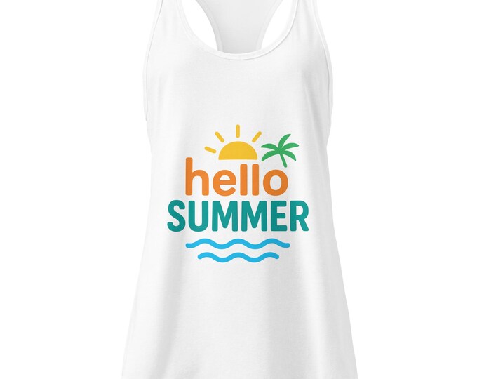 Hello Summer Women’s Fitted Racerback Tank Top – Cute Summer Graphic Tee, Beach Vacation Shirt, Lightweight Workout & Casual Wear