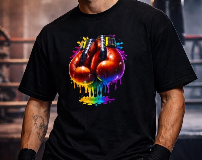 Boxing Gloves Shirt – Men’s Heavyweight Graphic Tee, Colorful Drip Boxing T-Shirt, DTF Front Print, Gym Streetwear, S–4XL