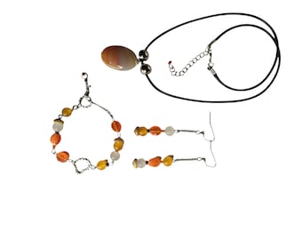 Faceted Oval Beads Drop Earrings & Bracelet, Pendant Necklace Featuring Stunning Botswana Agate Gemstone. Perfect Gift for Stylish Women