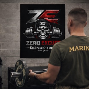 Puede incluir: Un póster negro con una calavera que lleva un gorro y sostiene pesas. El póster dice "ZERO EXCUSES" en texto blanco con un logotipo rojo y plateado. Una persona con una camisa verde con "MARINES" en amarillo está en primer plano.