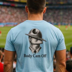 May include: Light blue t-shirt with a graphic of a head wearing a hat and the text "Body Cam Off." The shirt is made of a soft material. The person is standing in a stadium.