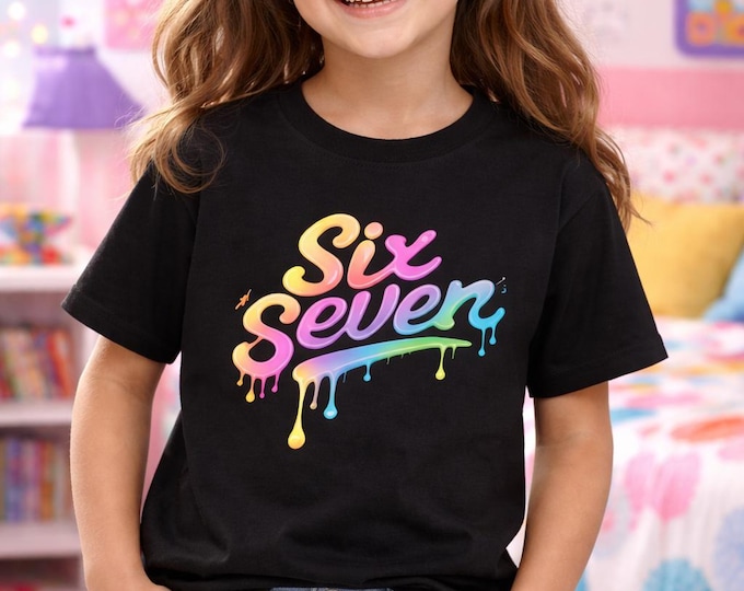 Six Seven Youth T-Shirt, Dripping Rainbow Script Graphic Tee for Kids, Black or Navy, Sizes XS-XL