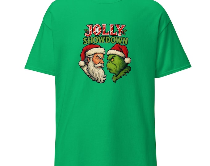 Santa vs. Green Grump Christmas Tee: Jolly Showdown Graphic