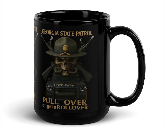 Georgia State Patrol Skull Mug – Tactical Black Glossy Coffee Cup with Police Car, M16s, Handcuffs – Law Enforcement Gift