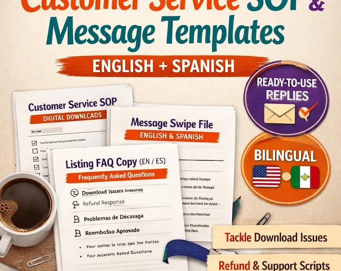 Etsy Digital Downloads sop + Message Templates (EN/ES) | Customer Service Swipe File + Listing FAQ