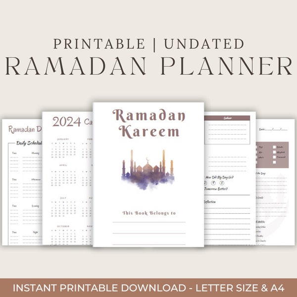 Outil numérique de planification du ramadan pour les musulmans, permettant de suivre la lecture du Coran, les prières et le jeûne. Comprend un journal quotidien/hebdomadaire non daté et un agenda islamique