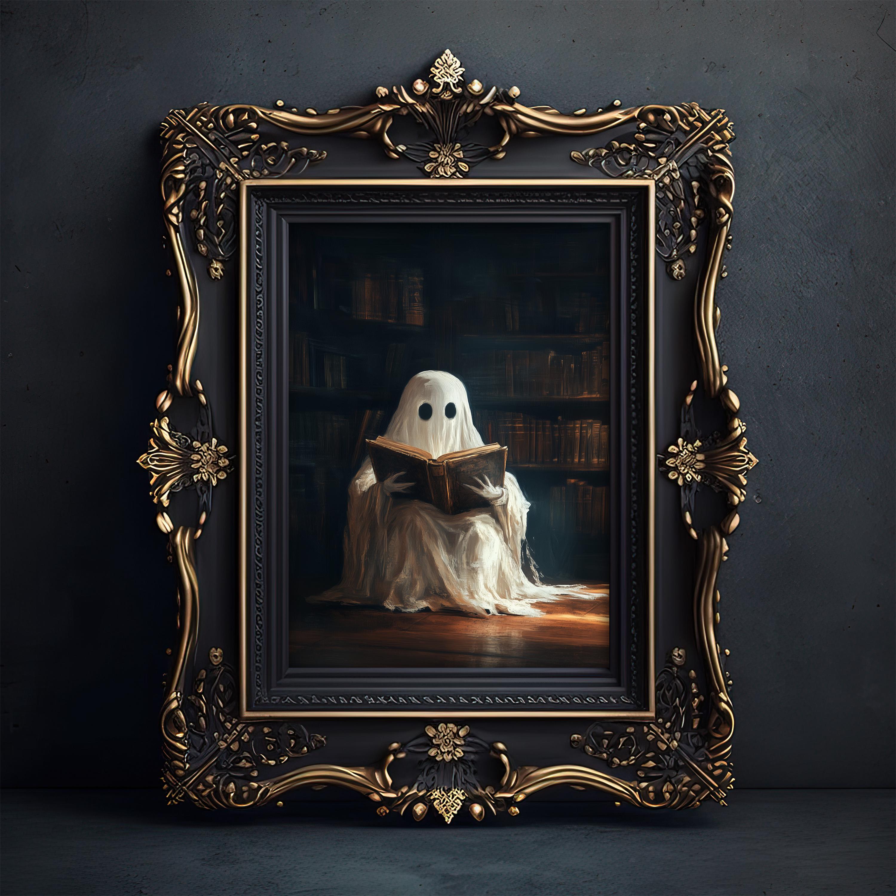 Ghost Reading a Book Wall Art Print Whimsical Gothic Library Decor Ghost Reading a Book Wall Art Print Whimsical Gothic Library Decor