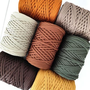 May include: Seven cylindrical spools of braided cord arranged in a cluster. The colours include mustard yellow, beige, dark brown, burnt orange, light taupe, terracotta, and olive green. Each spool features a continuous, tightly woven cord pattern.