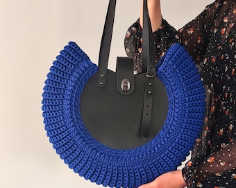 Large Royal Blue Crochet Tote Bag: Genuine Leather Handles, Handmade Shoulder Bag
