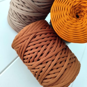 Peut inclure: Trois bobines de cordon tressé dans des tons marron clair, marron moyen et orange vif. Chaque bobine présente une longueur continue de fibre synthétique tissée enroulée en forme cylindrique, affichant une texture et un motif cohérents.