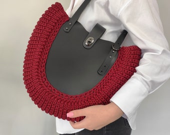 Borsa a tracolla rossa all'uncinetto - Borsa tote fatta a mano ed elegante, borsa grande alla moda - Perfetta per lo shopping e l'uso quotidiano