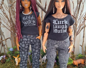 Goth Doll clothes, barbie tshirts, doll clothes, doll dress, barbie pants, witch doll, barbie jeans, curvy barbie clothes