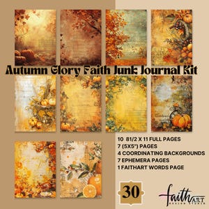 Op de afbeelding: Autumn Glory Faith Junk Journal Kit met 10 pagina's van 21,6 × 27,9 cm, 7 pagina's van 12,7 × 12,7 cm, 4 bijpassende achtergronden, 7 ephemera-pagina's en 1 Faithart-woordpagina. De kit bevat afbeeldingen van pompoenen, bladeren en andere herfstachtige elementen.