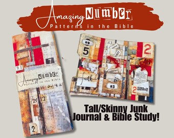May include: A tall, skinny junk journal with a collage of paper scraps, numbers, and words. The journal is decorated with red, orange, and brown colors. The text on the journal reads "Amazing Number Patterns in the Bible". The journal is a great way to document your faith journey.