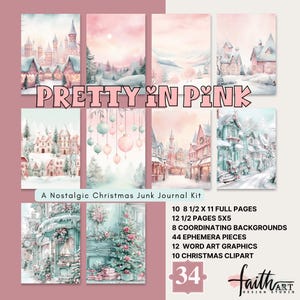 Christmas Pretty in Pink Junk Journal Digital Kit Printables Vintage