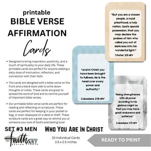 May include: Printable Bible verse affirmation cards with inspirational quotes. The cards are 3.5 x 2.5 inches and ready to print. The set includes 33 individual cards with bible verses and affirmations.