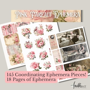 May include: A digital download of 145 pink and white floral themed digital papers and elements. The digital download includes 18 pages of ephemera. The text "PINK PARFAIT EPHEMERA" is at the top of the image. The text "145 Coordinating Ephemera Pieces! 18 Pages of Ephemera" is at the bottom of the image.