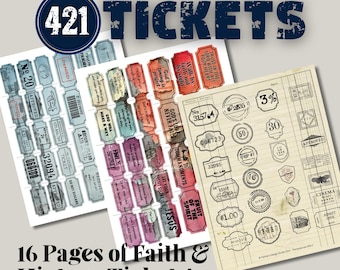 May include: A set of 16 pages of vintage-style tickets with inspirational quotes and designs. The tickets feature a variety of colors, including red, blue, green, and yellow. The tickets are perfect for scrapbooking, journaling, or adding a touch of vintage charm to your crafts.