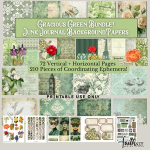 May include: A collection of green and cream-colored junk journal background papers and ephemera. The image includes various floral and vintage designs, with text that reads "Gracious Green Bundle!" and "Printable Use Only."