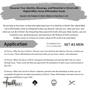 May include: Digital Bible verse affirmation cards, set #3 for men, designed to help discover identity, blessings, and potential in Christ. Each card measures 3.5 x 2.5 inches. The cards include 10 verses in 3 styles to create a deck of 30 cards.
