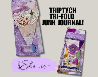 May include: A purple and white tri-fold junk journal with a lace trim and a ticket that says "Admit One". The journal is decorated with flowers and other embellishments. The text "She is" is written on a purple background.