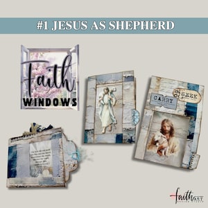 May include: A collection of handmade art pieces with religious themes. The pieces include a window with the text "Faith Windows", and images of Jesus as a shepherd. The art pieces are in various shapes and sizes.