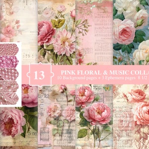 May include: Pink floral and music collage kit with 13 pages. The kit includes 10 background pages and 3 ephemera pages. The pages are 8 1/2 x 11 inches and are vertical.