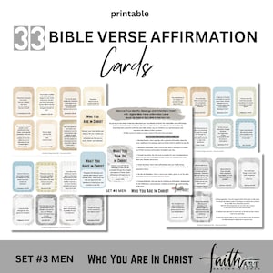 May include: A collection of printable Bible verse affirmation cards. The cards are arranged in sets, with titles like "Who You Are in Christ" and "What You Can Do in Christ." The design features a neutral color palette with text and graphics.