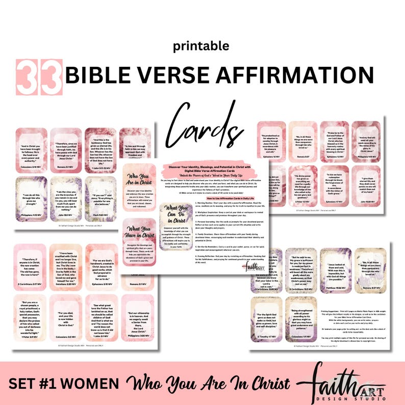 May include: Printable set of 33 Bible verse affirmation cards with pink watercolor backgrounds. The cards are divided into three categories: Who You Are in Christ, What You Have in Christ, and What You Can Do in Christ. The cards feature verses from the Bible and are designed to help you discover your identity, blessings, and potential in Christ.