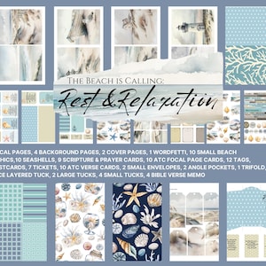 May include: A digital scrapbooking kit with a beach theme. The kit includes 30 pieces, including focal pages, background pages, cards, tags, and tuck spots. The kit features a lighthouse, seashells, and a blue and white color scheme. The text "The Beach is Calling: Rest & Relaxation" is featured on the kit.