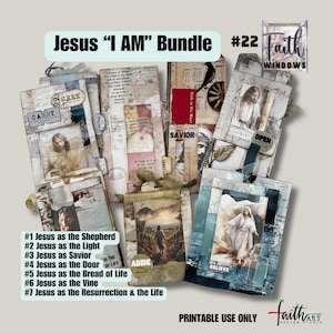 以下が含まれることがあります： 「Jesus 'I AM' Bundle」のテキストが入った、イエスのイメージを特徴とする混合メディアアート作品のコレクション。このバンドルには、「Savior」、「Believe」、「Abide」などのフレーズが書かれたカードが含まれています。このアートは、ヴィンテージでコラージュのような美学を持っています。