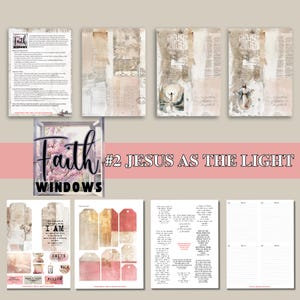 Op de afbeelding: Een printbare set digitale papieren, journaalpagina's en labels met een religieus thema. De papieren hebben een verweerde, vintage look met een lichtroze en bruine kleurstelling. De tekst op de papieren bevat de zin "Faith Windows" en de woorden "Ik ben het licht" en "Schijnen lopen volgen".