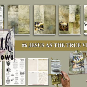 Puede incluir: Un kit de collage digital con una estética vintage que presenta una vid, uvas y el texto "Jesús como la verdadera vid". El kit incluye varios papeles digitales, etiquetas y tarjetas de diario. El kit forma parte de la serie "Faith Windows".