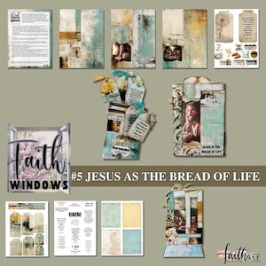 Puede incluir: Un kit de collage digital con un tema religioso. El kit incluye imágenes de Jesús, escrituras y otros símbolos religiosos. El kit se titula "Faith Windows #5 Jesus as the Bread of Life".