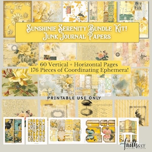 Puede incluir: Una colección de papeles de diario basura amarillos y crema con diseños florales y vintage. La imagen incluye el texto "Sunshinie Serenity Bundle Kit! Junk Journal Papers", "60 páginas verticales + horizontales" y "¡176 piezas de efímeras coordinadas!"