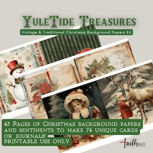 Può includere: Una collezione di carte di sfondo natalizie vintage. L'immagine presenta un pupazzo di neve, una ragazza con un cappotto invernale e un cervo con Babbo Natale. Il testo recita "YuleTide Treasures" e "Vintage & Traditional Christmas Background Papers Kit."
