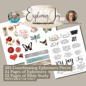 Könnte beinhalten: Sammlung druckbarer Ephemera-Stücke für das Glaubensjournaling. Das Bild zeigt dekorative Elemente wie Schmetterlinge, Blumen und inspirierende Zitate. Enthält 285 koordinierte Teile, 24 Seiten Ephemera und 23 Seiten Bibelstudienmaterial.