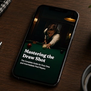 Puede incluir: Un teléfono inteligente que muestra una guía digital titulada Mastering the Draw Shot: The Complete Guide for First-Time and Intermediate Pool Players, con una imagen de una persona jugando al billar en una mesa verde con bolas roja, blanca y negra.
