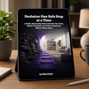 Op de afbeelding: Een tablet met een boekomslag getiteld Declutter One Safe Step at a Time door Robert Ryder. De cover toont een overgang van een rommelige kamer naar een schone, georganiseerde ruimte via een pad van gloeiende paarse stenen op een donkere vloer.