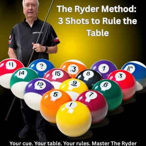 May include: Image of a man holding a pool cue with a collection of numbered billiard balls. The text reads "The Ryder Method: 3 Shots to Rule the Table." The bottom text says "Your cue. Your table. Your rules. Master The Ryder Method and own the game."