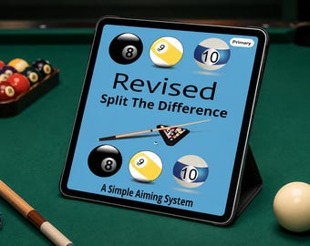 May include: A tablet displaying a light blue graphic with the text Revised Split The Difference A Simple Aiming System. The graphic features illustrations of billiard balls numbered 8, 9, and 10, a pool cue, and a triangle rack on a pool table.