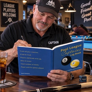 May include: A blue Pool League Captains Log Book featuring an 8-ball and 9-ball graphic on the cover. The open pages display text for tracking matches, skill levels, wins, losses, and payments, with Ryder Publishing printed at the bottom.