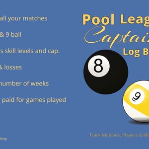 Könnte beinhalten: Ein blaues und gelbes Logbuch für Pool-Liga-Kapitäne. Das Cover zeigt eine schwarze 8-Ball und eine gelbe 9-Ball. Der Text auf dem Cover lautet "Pool League Captains Log Book".