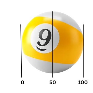 May include: A yellow and white billiard ball with the number 9 printed in black on it.