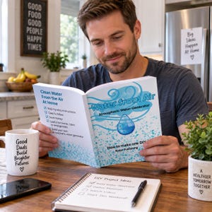 Może przedstawiać: Książka w miękkiej oprawie zatytułowana Water from Air Atmospheric Water Generator How to make one DIY wydawnictwa Ryder Publishing. Okładka zawiera grafikę niebieskich kropel wody oraz tekst z instrukcjami krok po kroku.