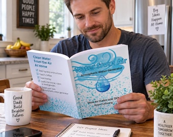 May include: A softcover book titled Water from Air Atmospheric Water Generator How to make one DIY by Ryder Publishing. The cover features blue water droplet graphics and text detailing step-by-step instructions for building a water generator.