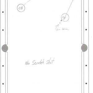 May include: A diagram of a pool table with a cue ball, an object ball, and arrows showing the path of the balls. The text "No Scratch Shot" is written on the table.