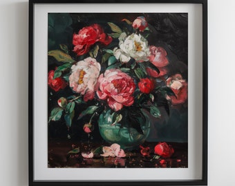 Vintage Painting | Peonies | Dark | Portrait | Digital Download | Wall Art