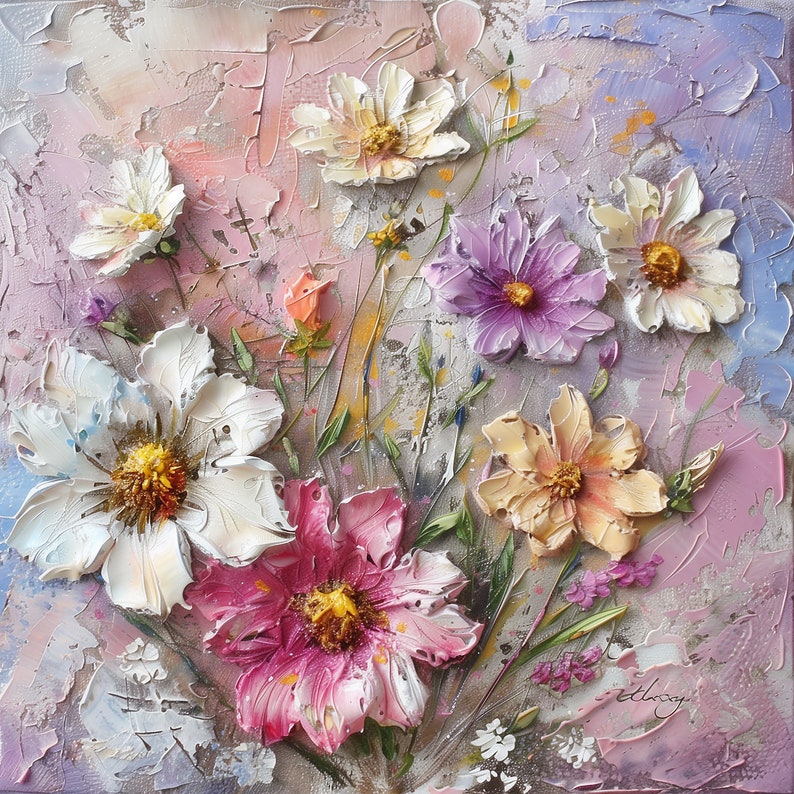 Set of Three Flower Paintings Impasto Pastel Colors Spring Colors